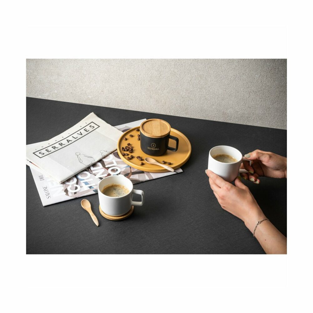 FANGIO Kubek ceramiczny z bambusową podstawą i pokrywką 250 mL