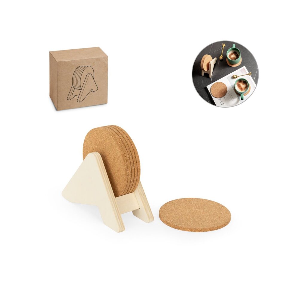 PLYCORK Stojak ze sklejki z 6 korkowymi podstawkami