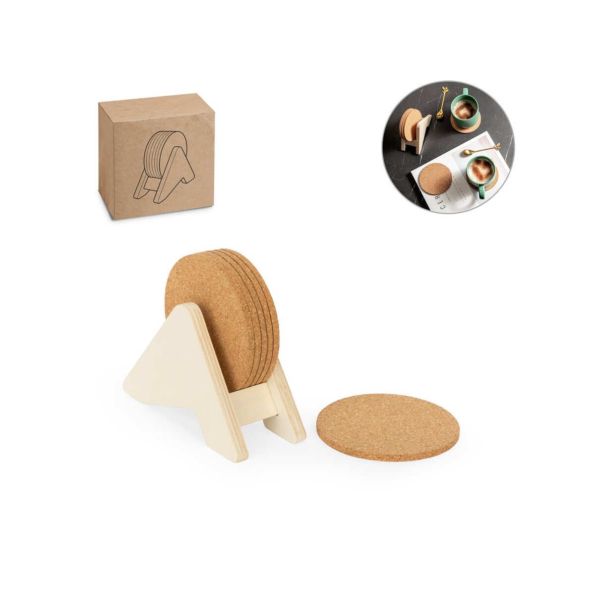 PLYCORK Stojak ze sklejki z 6 korkowymi podstawkami