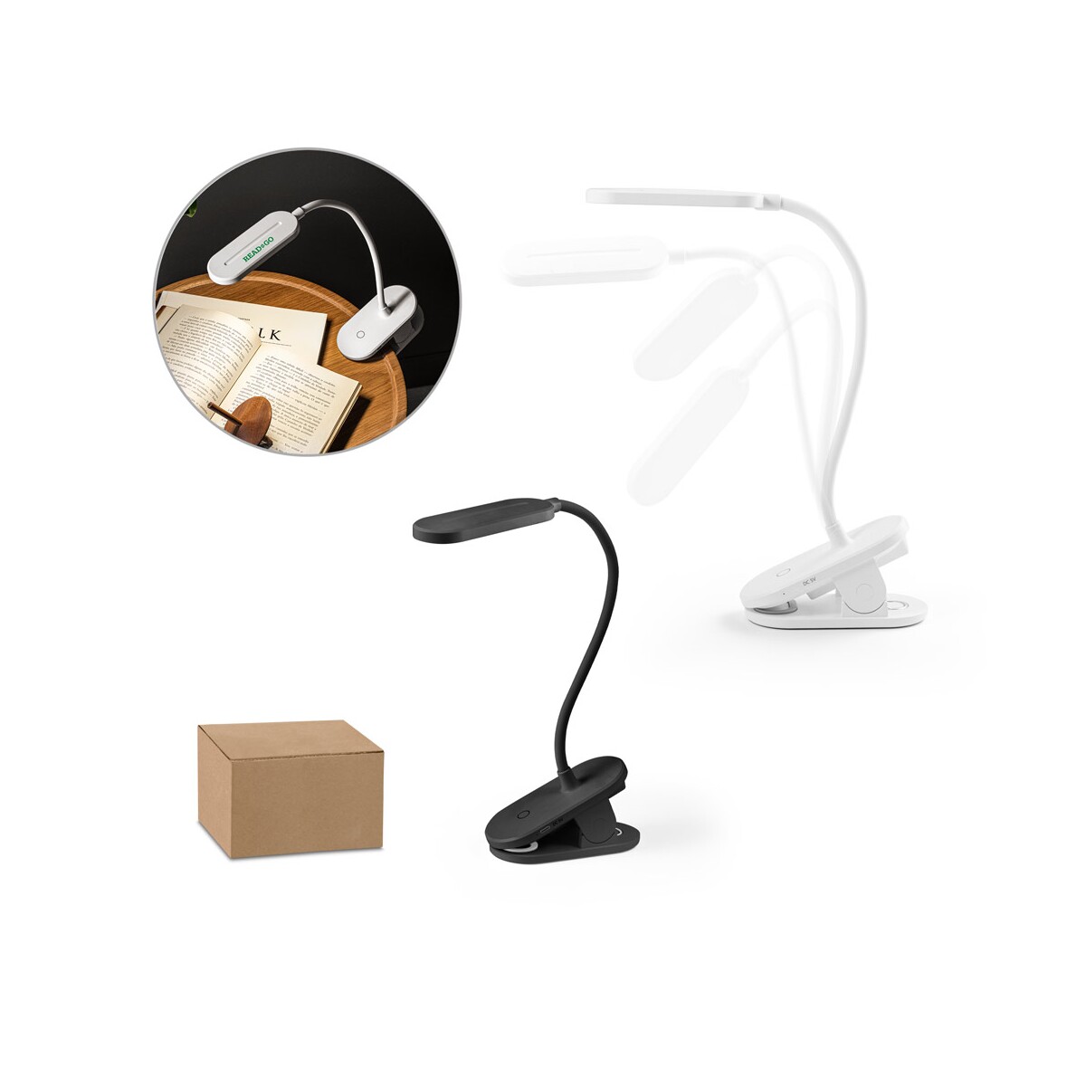 NESBIT II. Przenośna lampka biurkowa z klipsem i 30-godzinnym czasem pracy przy 65% rABS 97141_set