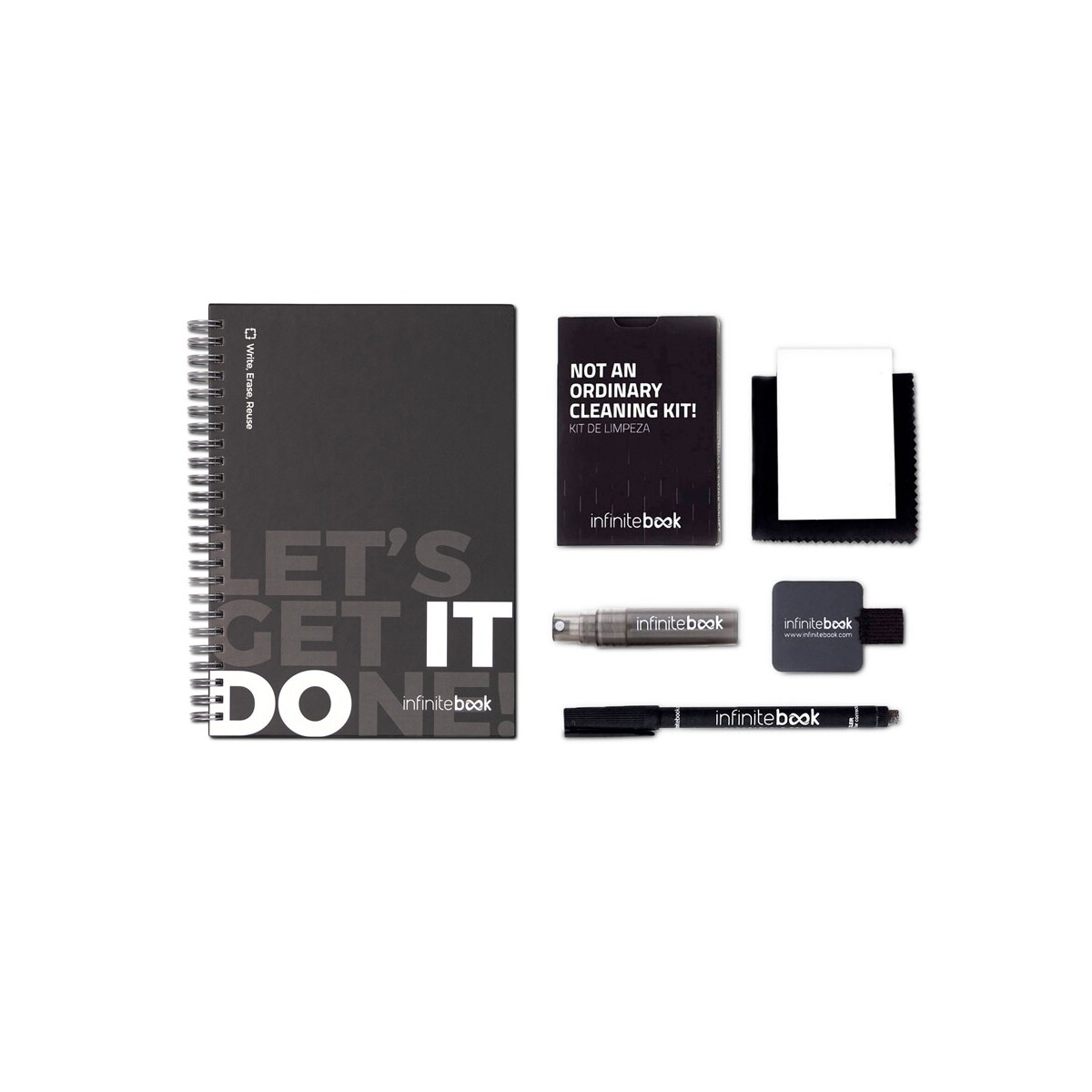 STARTER KIT INFINITEBOOK. Zestaw „Infinitebook” w twardej oprawie, 1 zestaw do czyszczenia, 1 marker i 1 uchwyt na długopis 33211_103-c