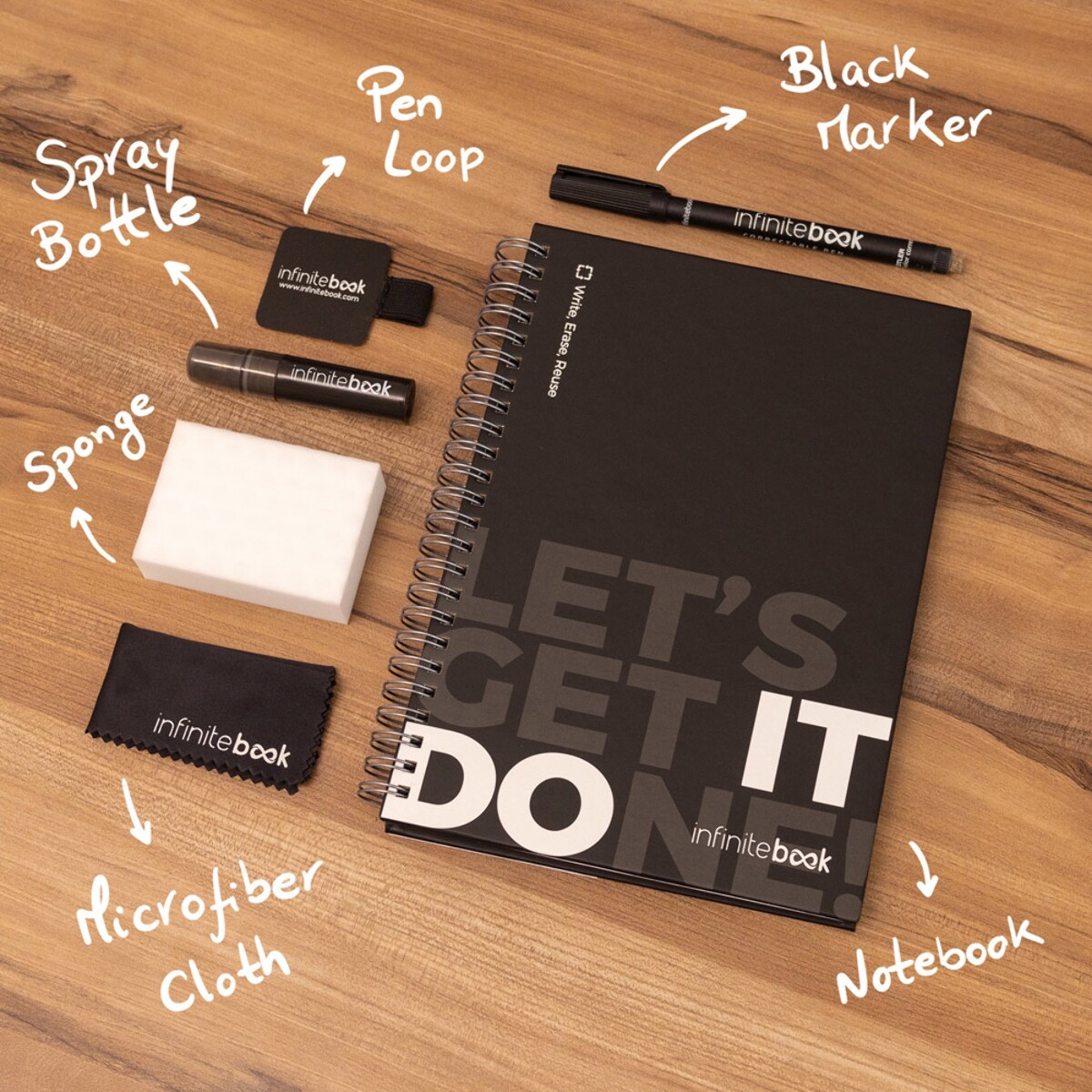 STARTER KIT INFINITEBOOK. Zestaw „Infinitebook” w twardej oprawie, 1 zestaw do czyszczenia, 1 marker i 1 uchwyt na długopis 33211_a