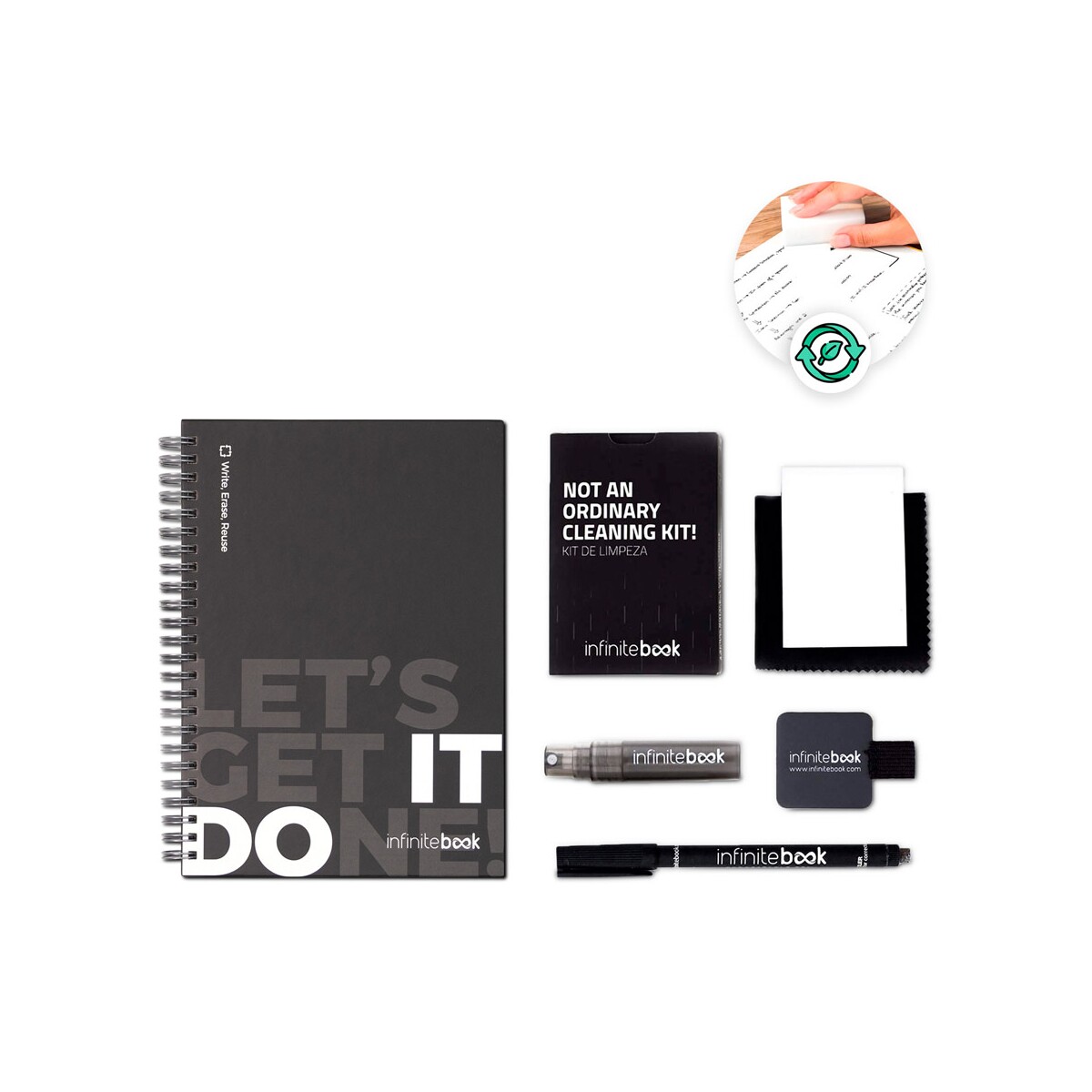 STARTER KIT INFINITEBOOK. Zestaw „Infinitebook” w twardej oprawie, 1 zestaw do czyszczenia, 1 marker i 1 uchwyt na długopis 33211_set