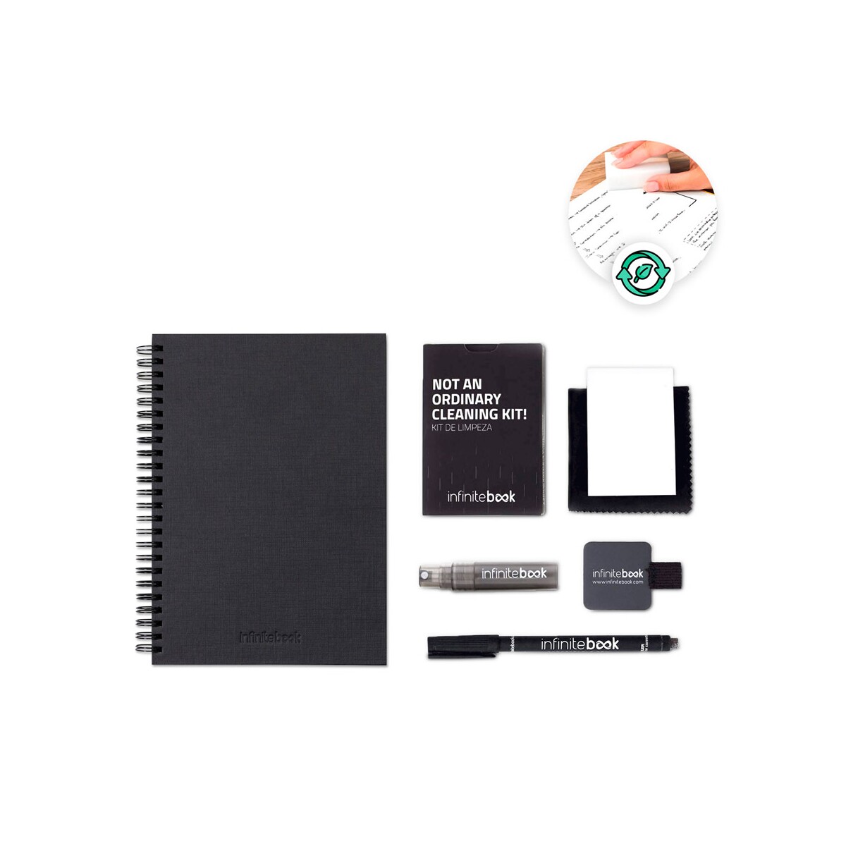 STARTER KIT INFINITEBOOK A5 PLANNER TEXTURE. Zestaw zawierający „Infinitebook” w twardej oprawie, 1 zestaw do czyszczenia, 1 marker i 1 uchwyt na długopis 33210_set