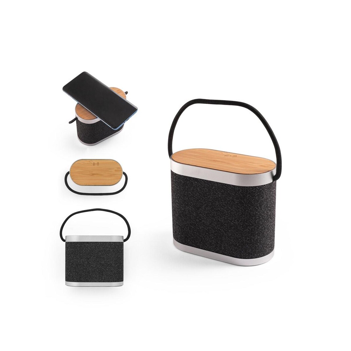 GUETTA. Przenośny głośnik 5W z superszybką ładowarką bezprzewodową 15W i 2-godzinną żywotnością baterii wykonany z bambusa i PET pochodzącego z recyklingu (100% rPET) 97183_set