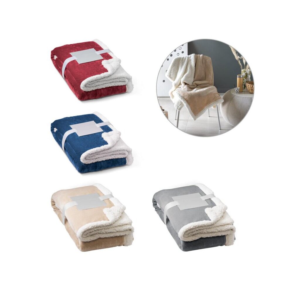 HEIDEN. Dwustronny polarowy koc (190 g/m²) z satynową wstążką i etykietą do personalizacji 99078_set