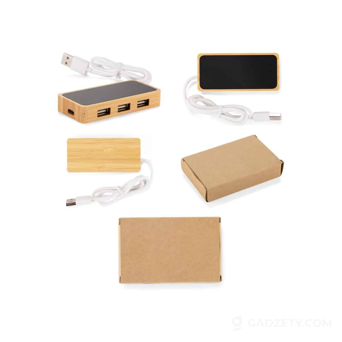 Hub Natro, bambusowy, 3 porty, wejście USB C