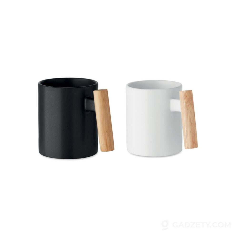 Kubek ceramiczny Crenate, drewniany uchwyt
