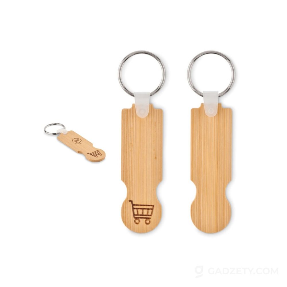 Brelok do kluczy COMPRAS, bambusowy z żetonem