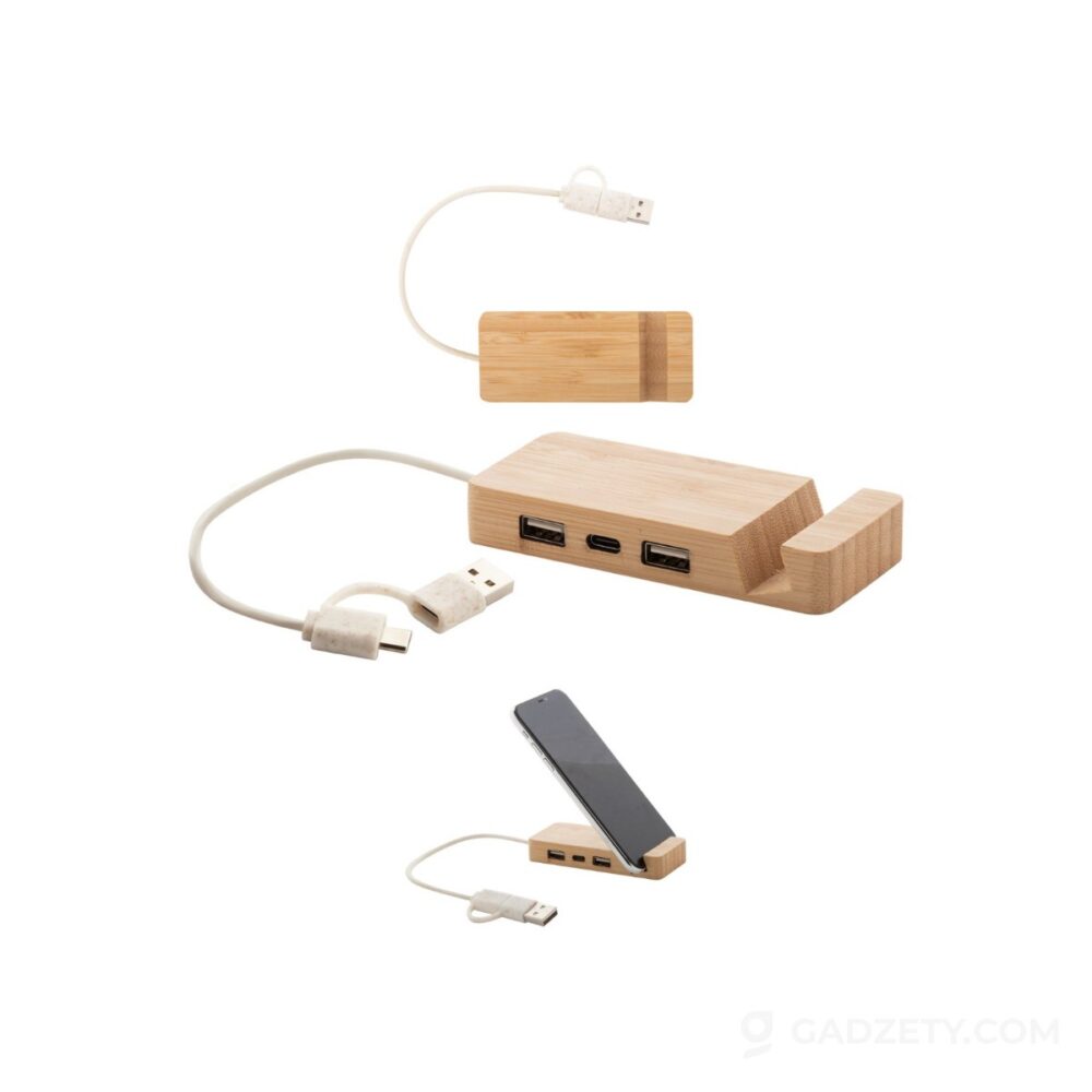 Hub USB Mobaru, bambusowy uchwyt na telefon